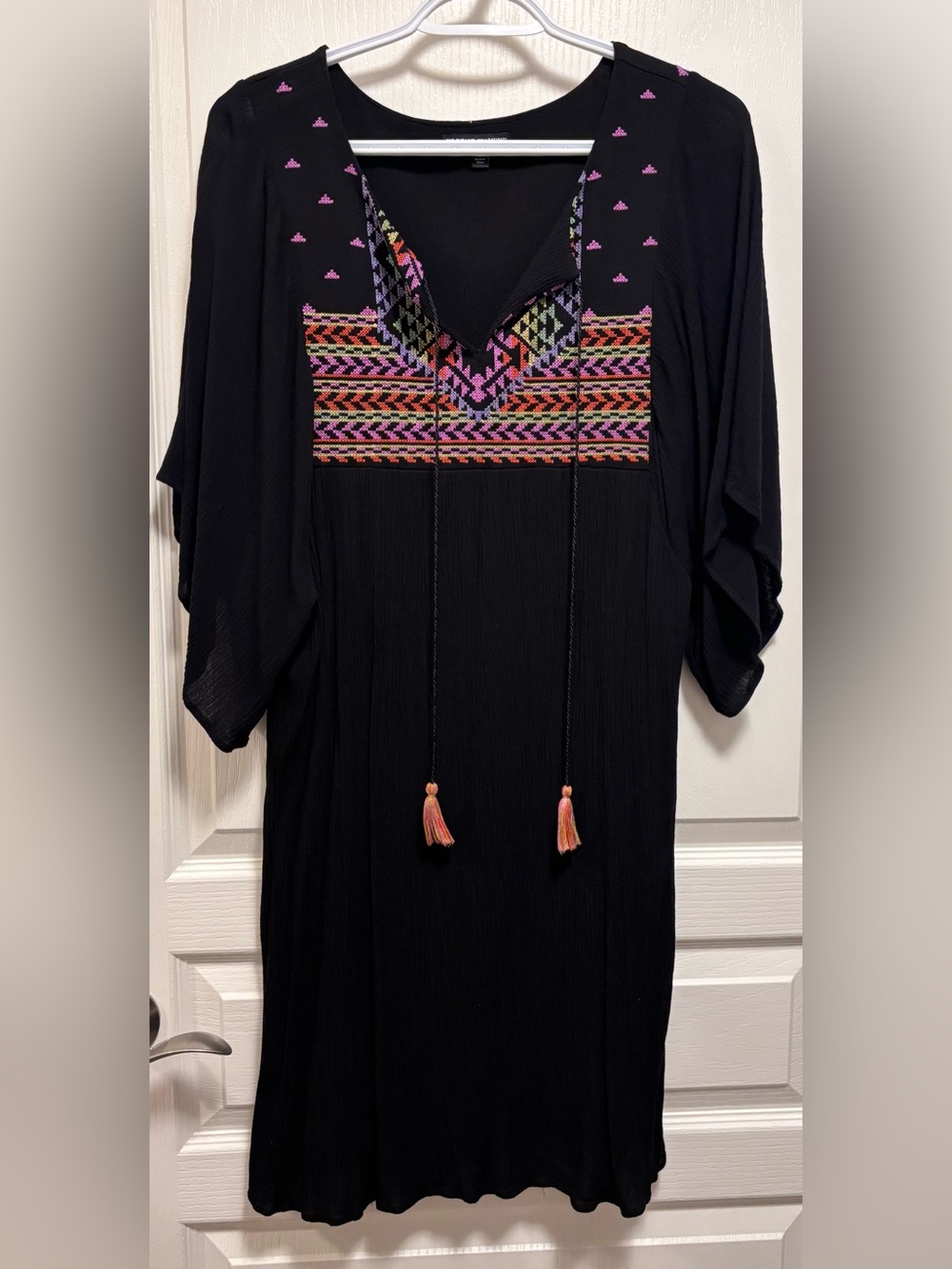 LoveStitch Black Boho Gauzy Dress with Cross-Stitch Tassels size S lined black